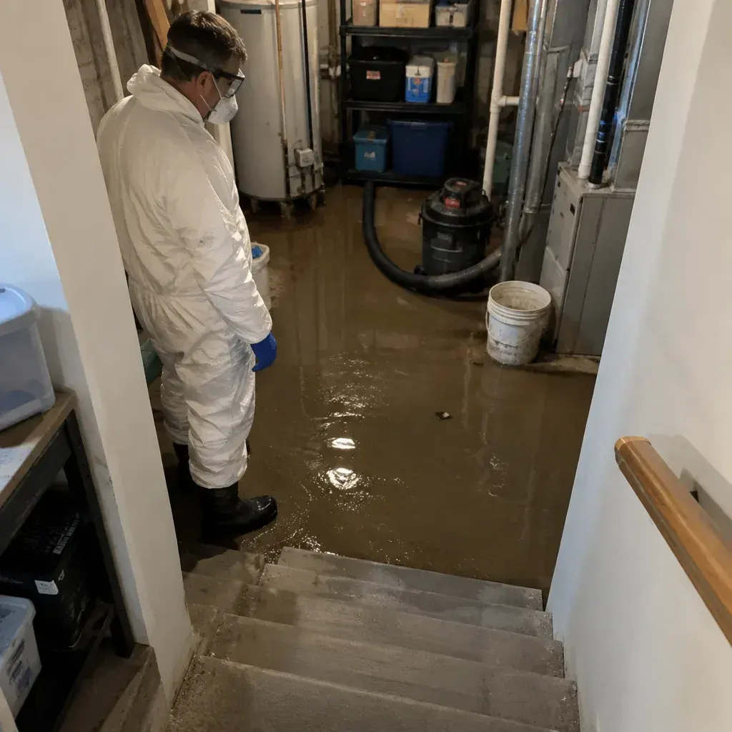 Sewer backup cleanup being performed at a home in the United States