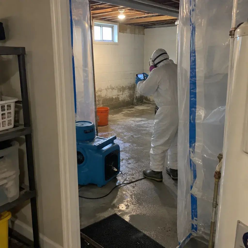 A sewer backup and cleanup in the United States being checked over